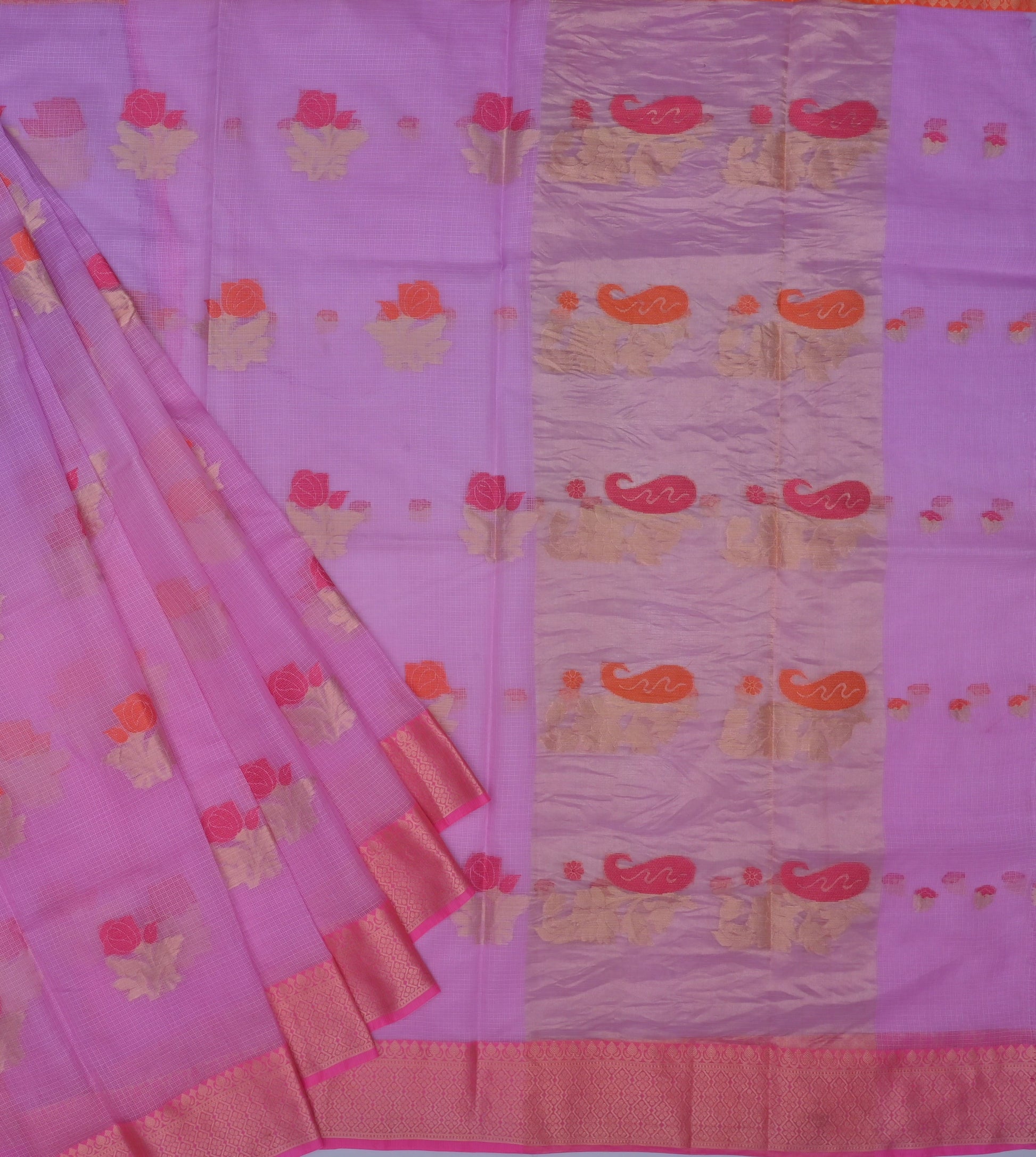 Pure Silk Kota Doria Zari And Silk Thread Weaving Motifs Saree