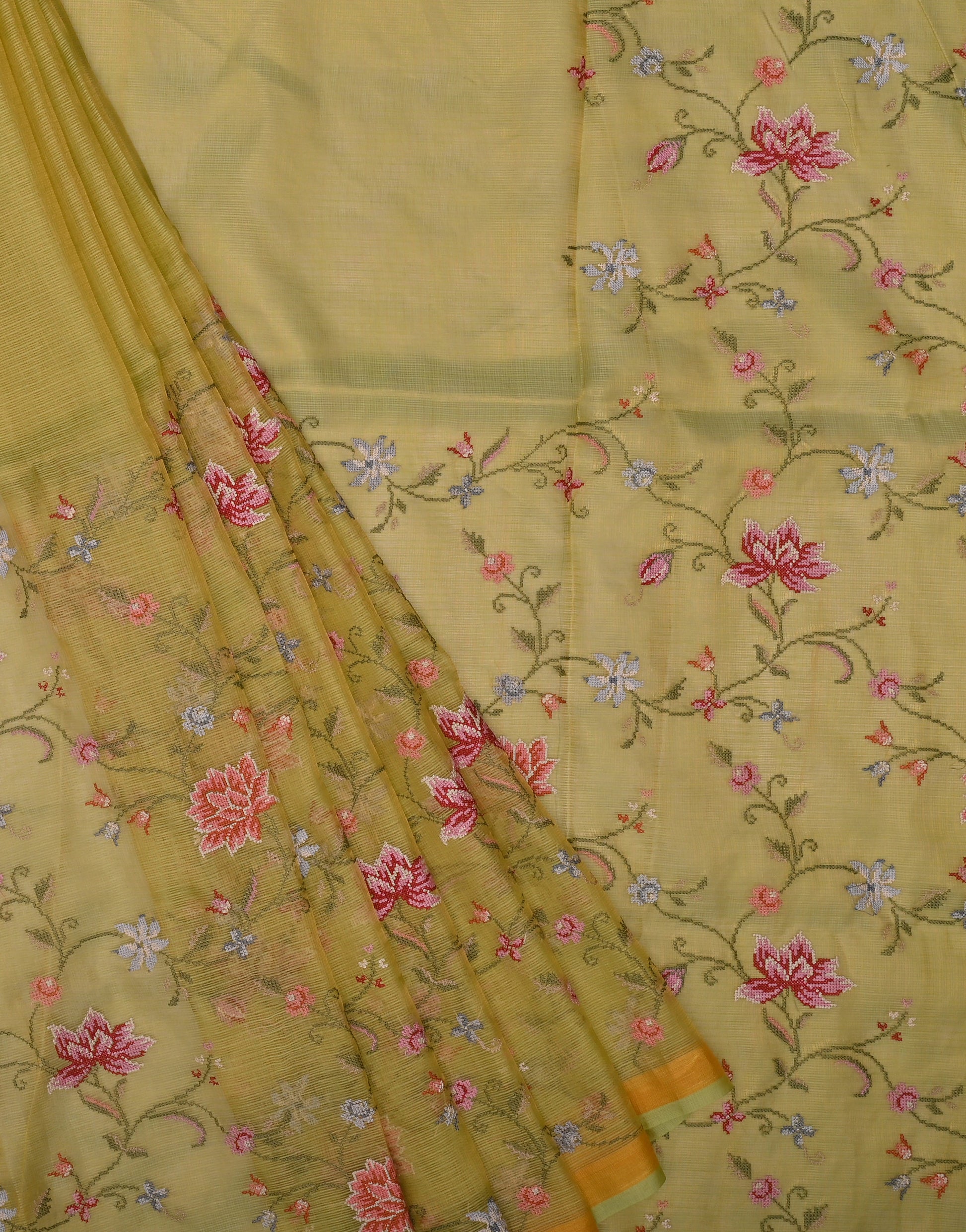 Pure Silk Tissue Kota Doria Embroidered Saree