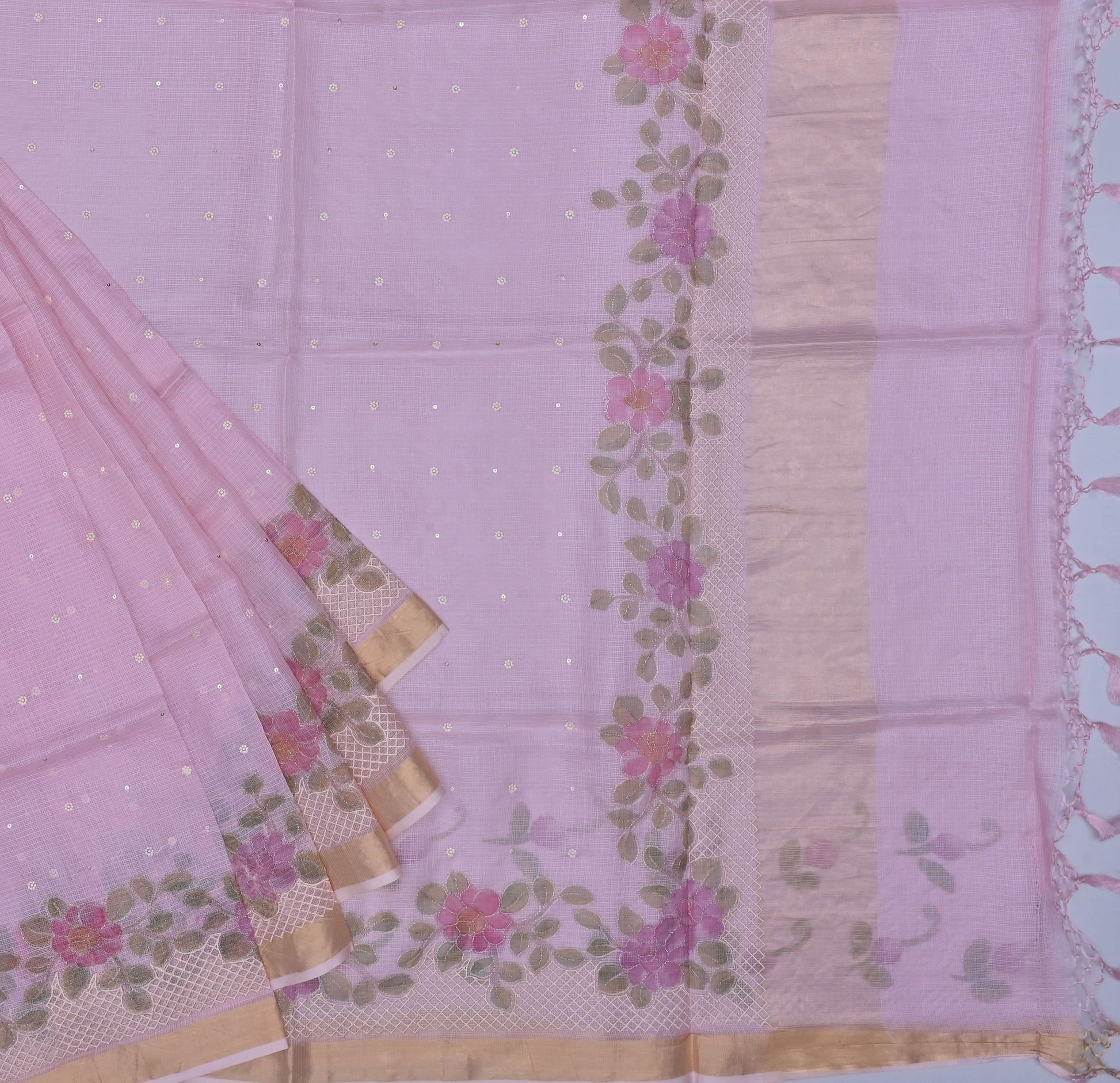Pure Silk Kota Doria Embroidered Saree Alongwith Hand-Painting.