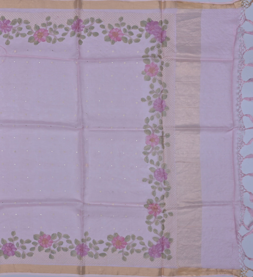 Pure Silk Kota Doria Embroidered Saree Alongwith Hand-Painting.