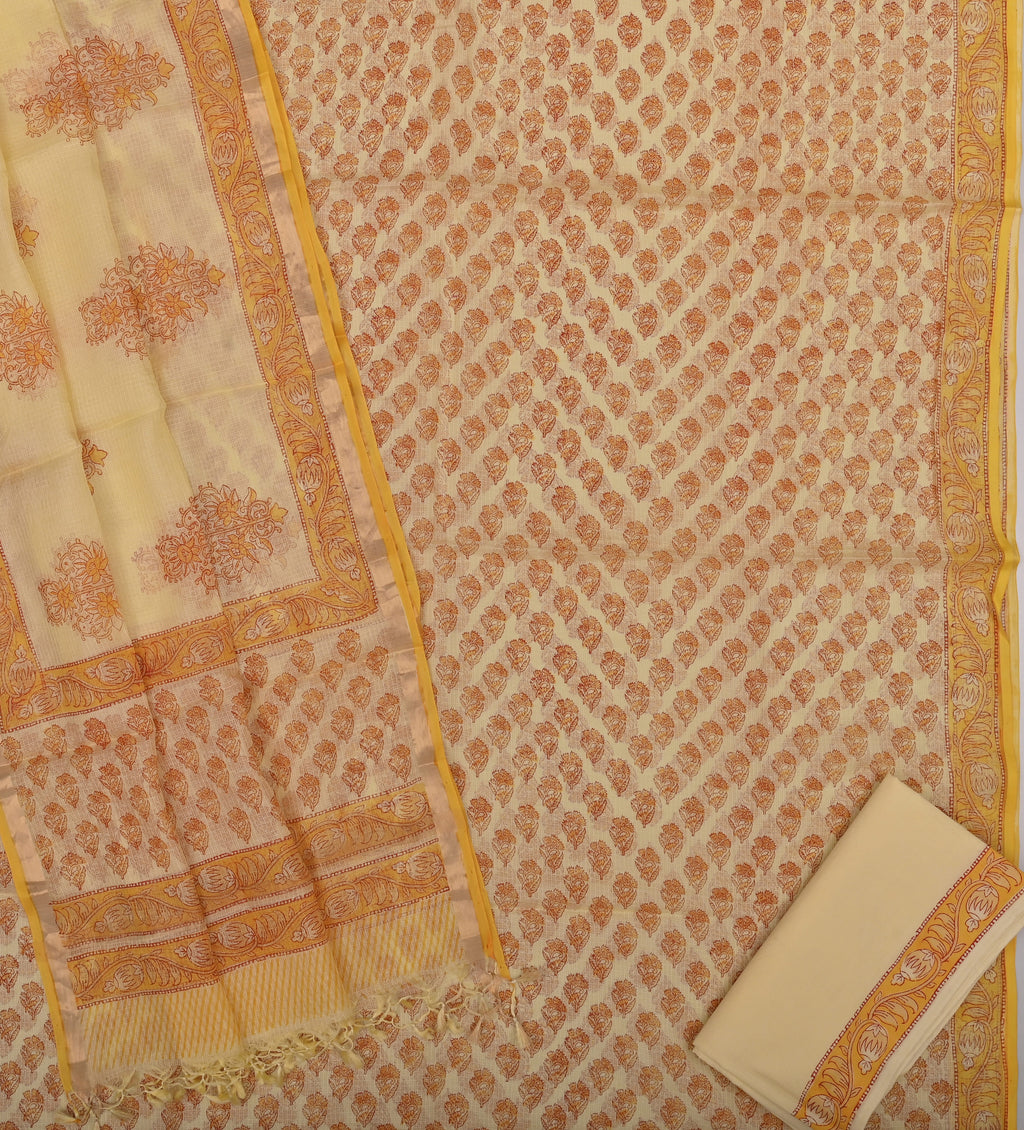 Pure Silk Kota Doria Hand Block Printed Dress Material