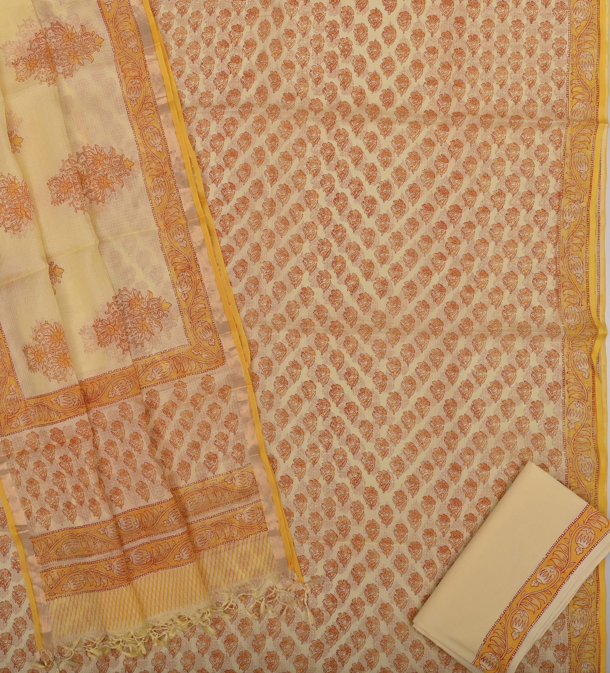 Pure Silk Kota Doria Hand Block Printed Dress Material