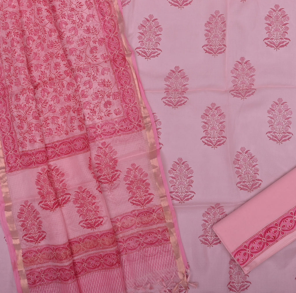 Pure Silk Kota Doria Hand Block Printed Dress Material