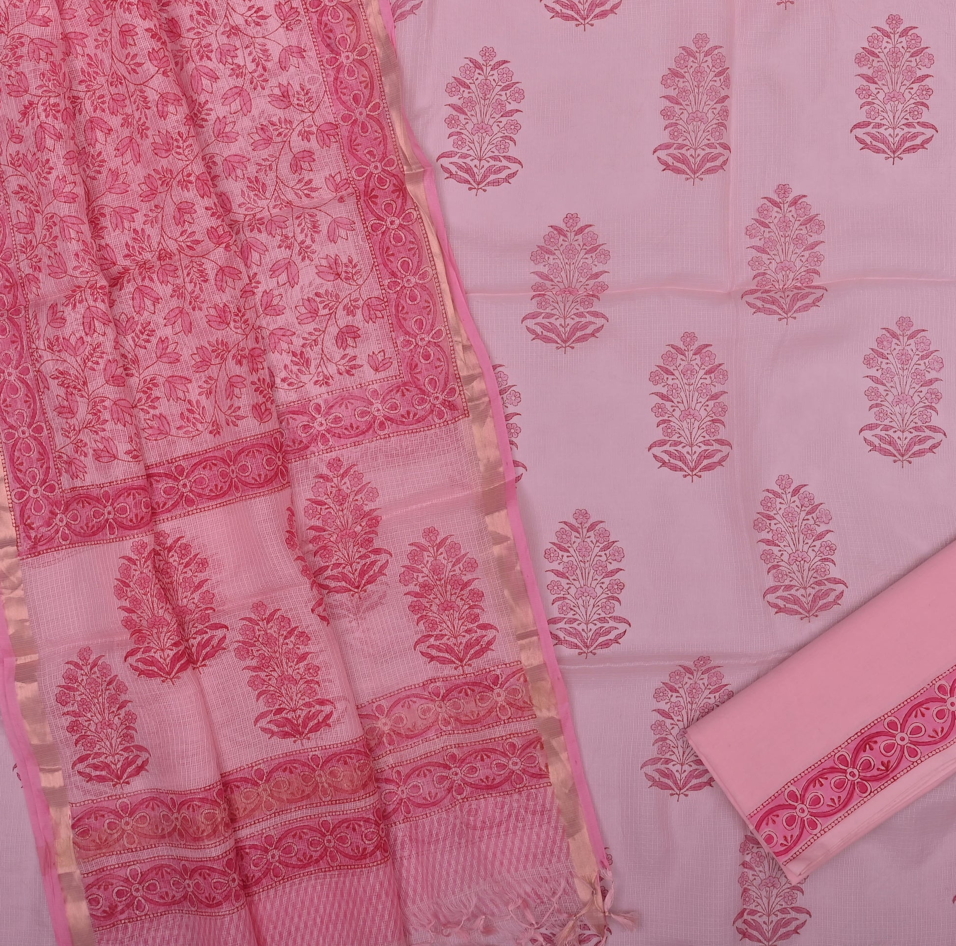 Pure Silk Kota Doria Hand Block Printed Dress Material